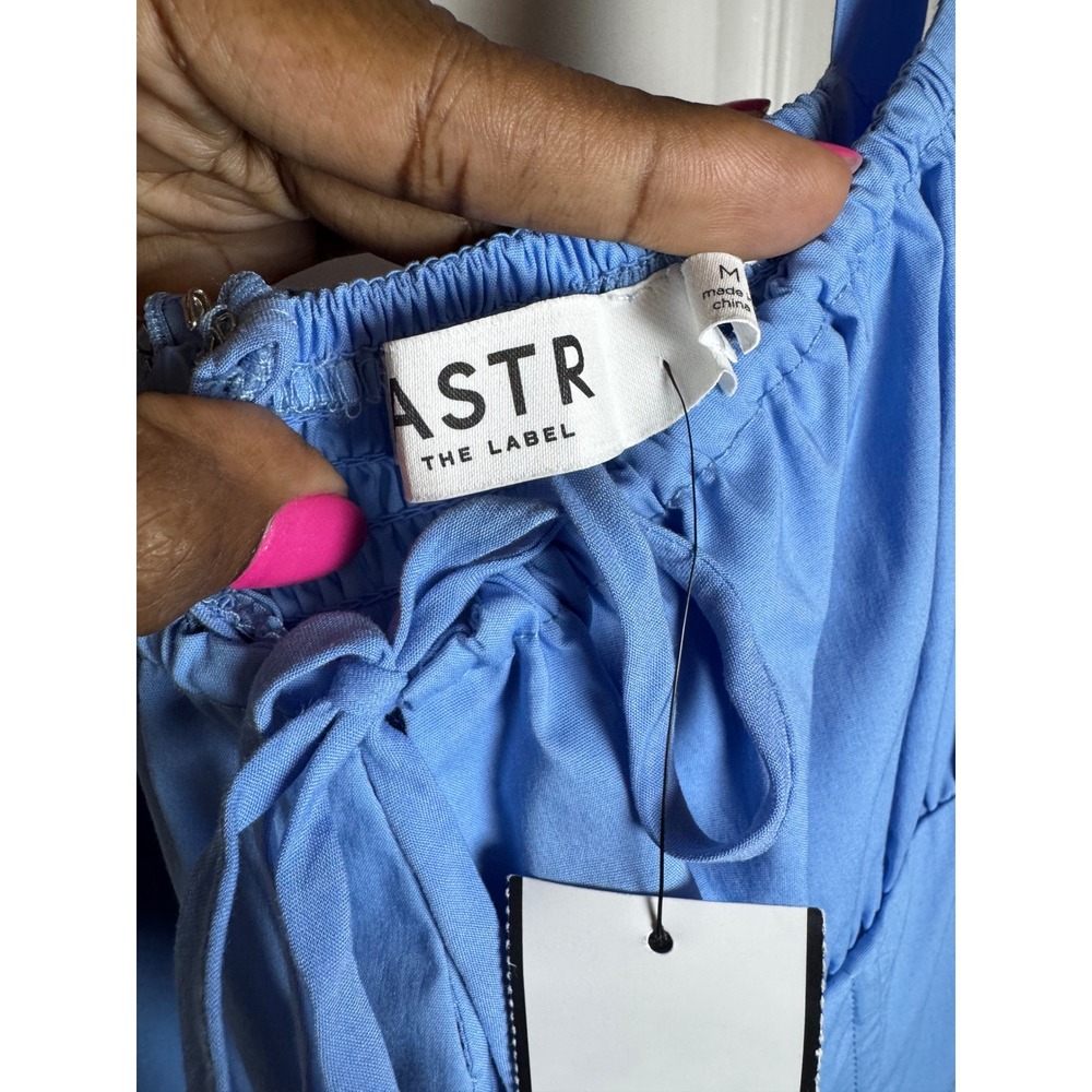 ASTR The Label Blue Poplin Bustier Midi Dress Ruched Tie Front Pockets Size M - Picture 7 of 9